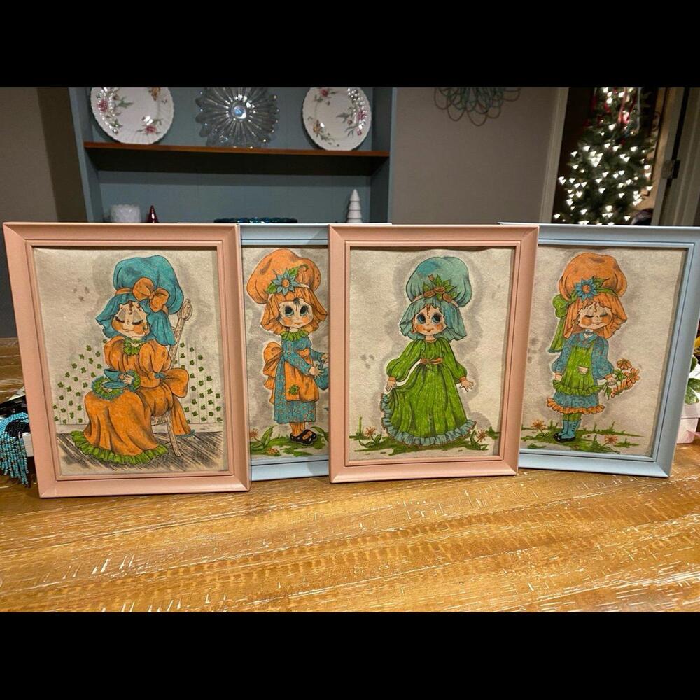 Vintage Holly Hobbie felt painted photos 4 piece set!